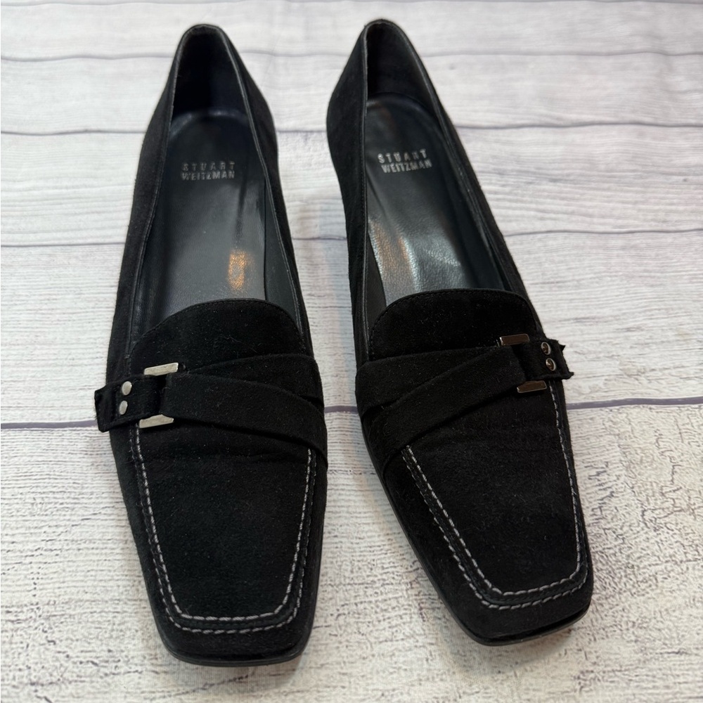 Stuart Weitzman Black Suede Kitten Heel Loafers Size 8 Classic Chic - Picture 7 of 16